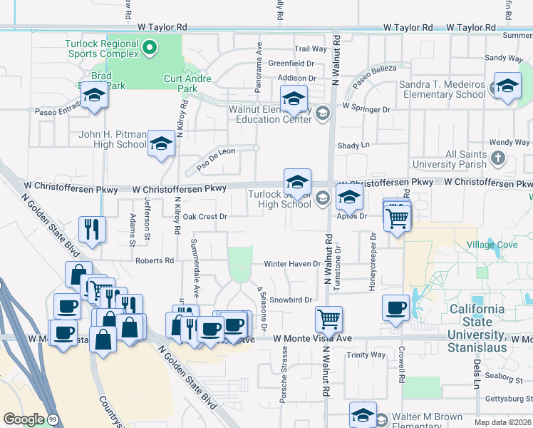 map of restaurants, bars, coffee shops, grocery stores, and more near 3933 Shady Oak Court in Turlock