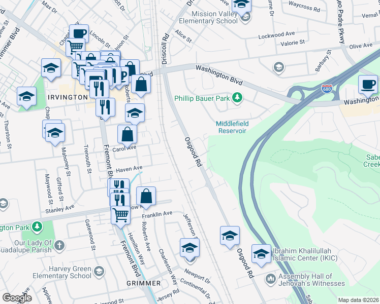 map of restaurants, bars, coffee shops, grocery stores, and more near 42035 Osgood Road in Fremont