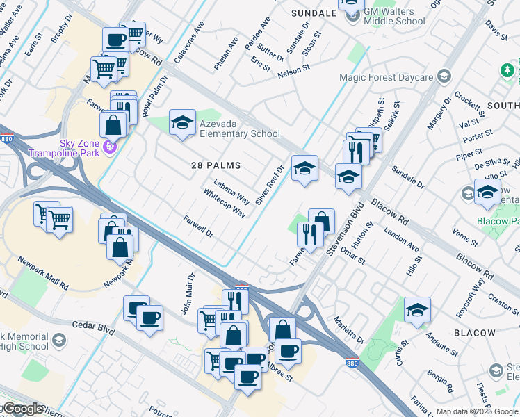 map of restaurants, bars, coffee shops, grocery stores, and more near 5192 Silver Reef Drive in Fremont
