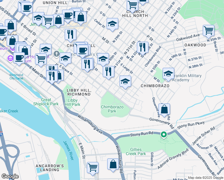 map of restaurants, bars, coffee shops, grocery stores, and more near 316 North 32nd Street in Richmond