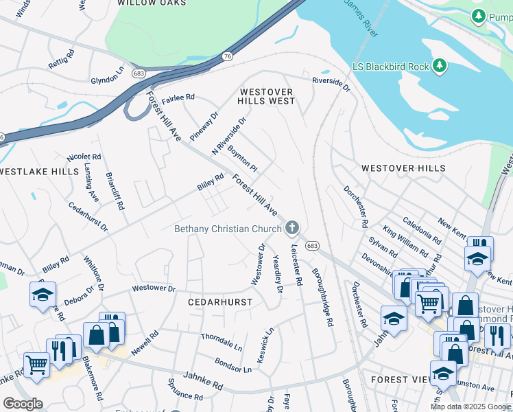 map of restaurants, bars, coffee shops, grocery stores, and more near 5552 Forest Hill Avenue in Richmond