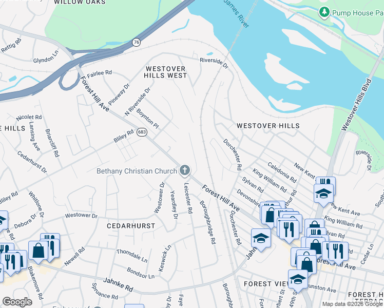 map of restaurants, bars, coffee shops, grocery stores, and more near 1770 Leicester Road in Richmond