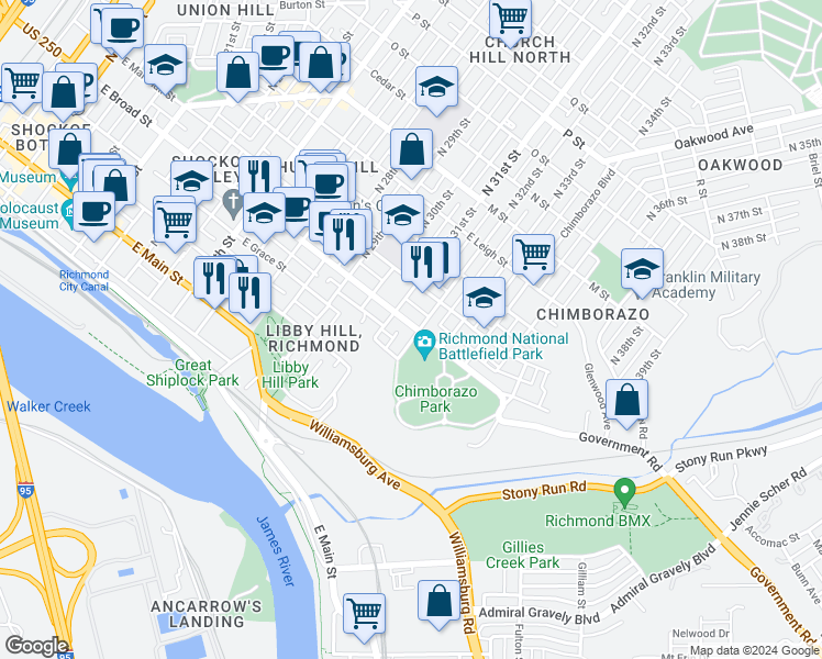 map of restaurants, bars, coffee shops, grocery stores, and more near 3020 East Broad Street in Richmond