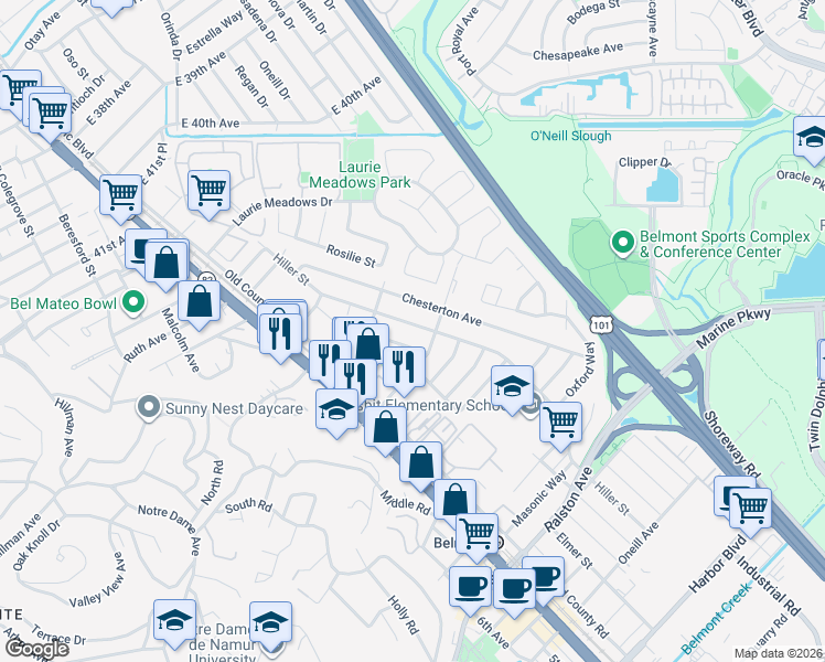 map of restaurants, bars, coffee shops, grocery stores, and more near 417 Hiller Street in Belmont