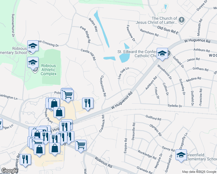 map of restaurants, bars, coffee shops, grocery stores, and more near 2340 Castle Hill Road in Midlothian