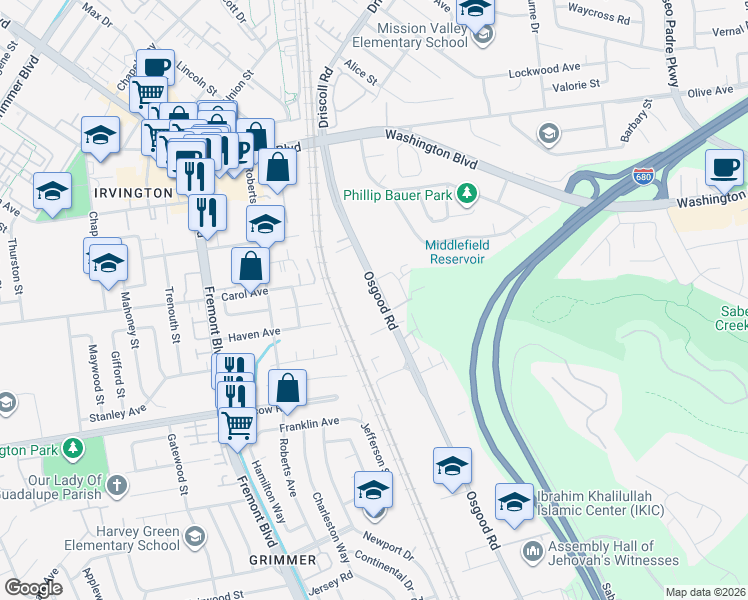 map of restaurants, bars, coffee shops, grocery stores, and more near 42035 Osgood Road in Fremont