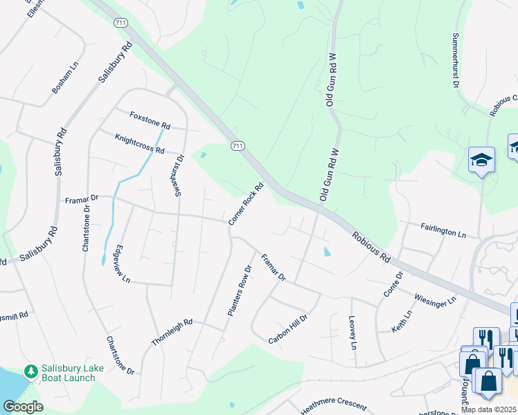 map of restaurants, bars, coffee shops, grocery stores, and more near 2601 Corner Rock Road in Midlothian