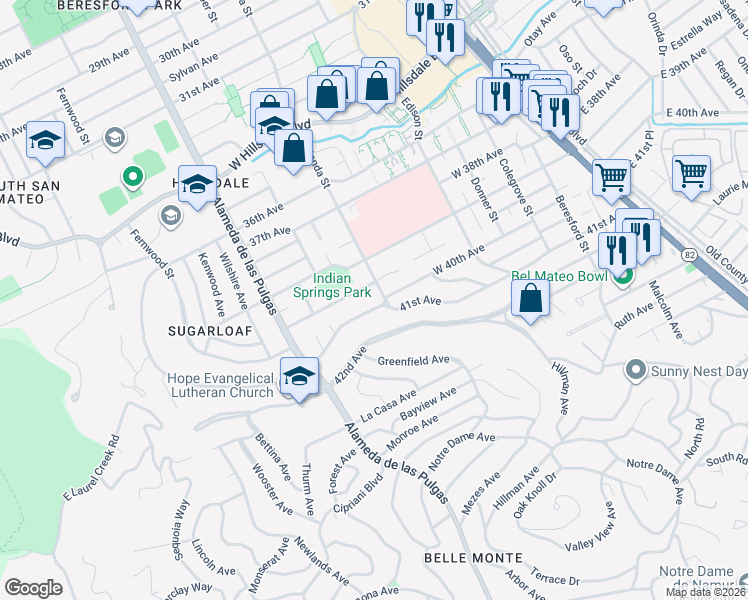 map of restaurants, bars, coffee shops, grocery stores, and more near 31 Rolling Hills Avenue in San Mateo