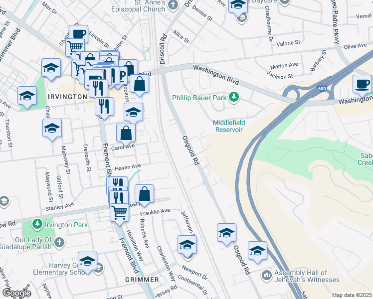 map of restaurants, bars, coffee shops, grocery stores, and more near 42111 Osgood Road in Fremont