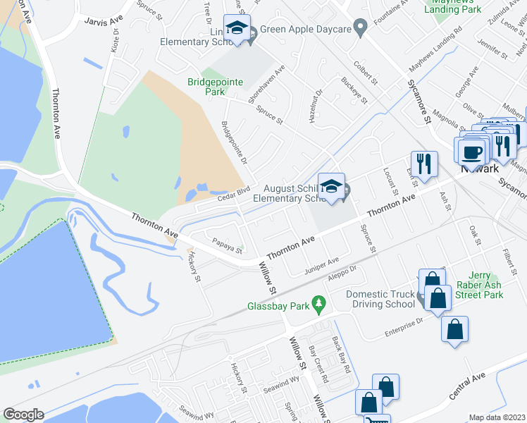 map of restaurants, bars, coffee shops, grocery stores, and more near 8405 Peachtree Avenue in Newark