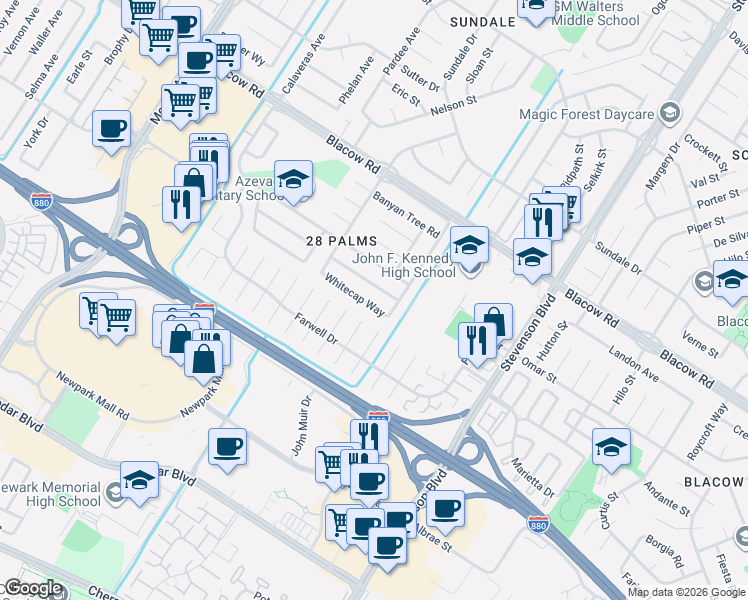 map of restaurants, bars, coffee shops, grocery stores, and more near 39666 Whitecap Way in Fremont
