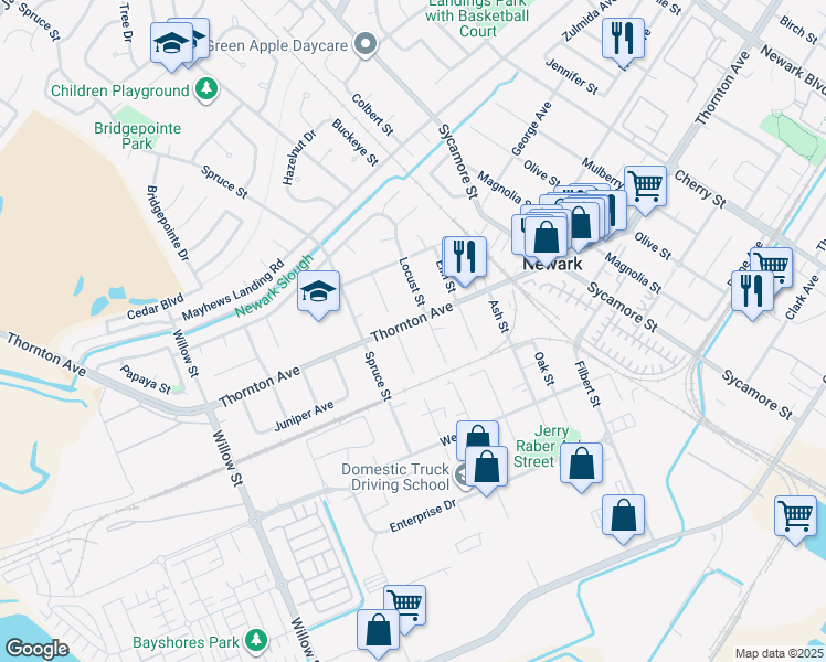 map of restaurants, bars, coffee shops, grocery stores, and more near 7881 Thornton Avenue in Newark