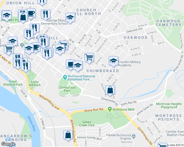 map of restaurants, bars, coffee shops, grocery stores, and more near 509 North 35th Street in Richmond