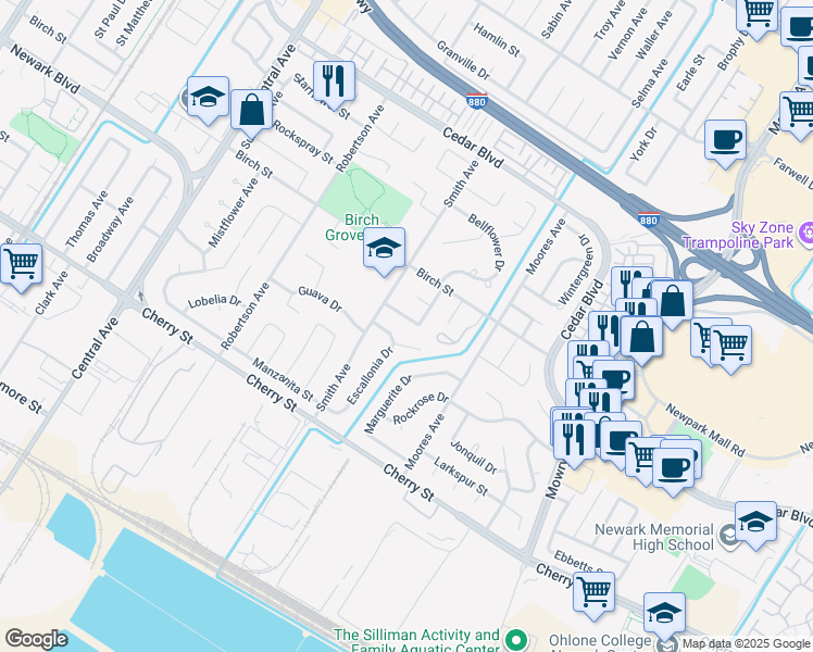 map of restaurants, bars, coffee shops, grocery stores, and more near 38382 Jacaranda Drive in Newark