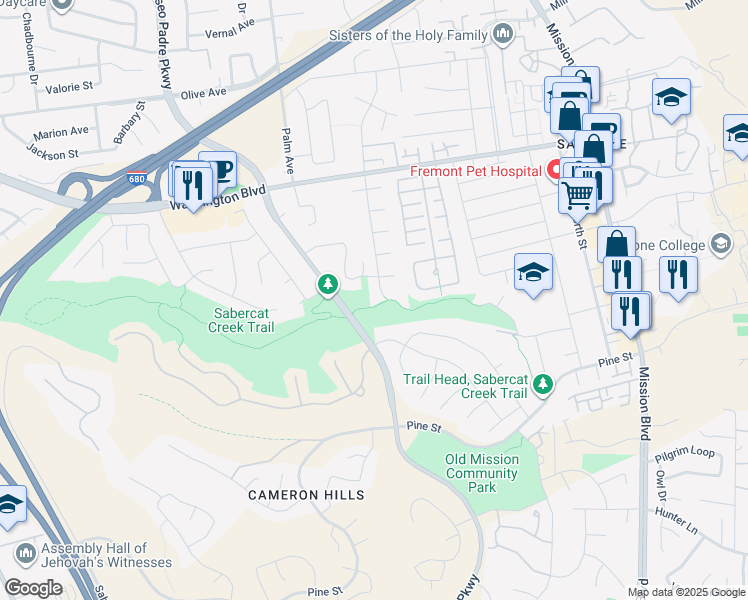 map of restaurants, bars, coffee shops, grocery stores, and more near 43533 Gallegos Avenue in Fremont