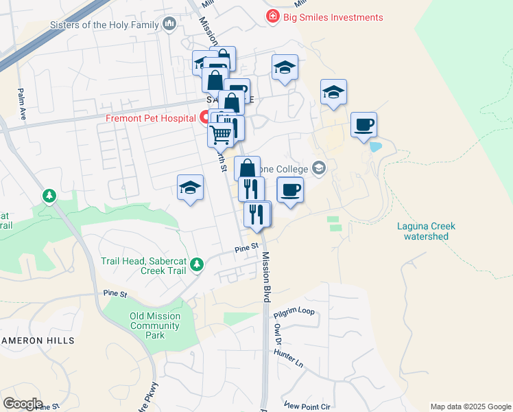 map of restaurants, bars, coffee shops, grocery stores, and more near 43600 Mission Boulevard in Fremont