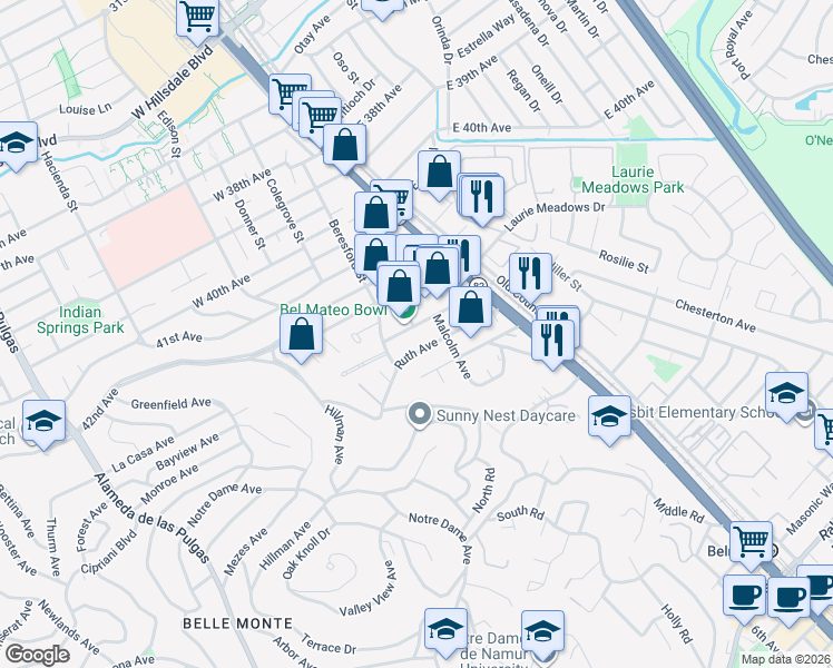 map of restaurants, bars, coffee shops, grocery stores, and more near 915 North Road in Belmont