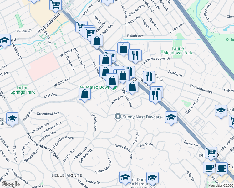 map of restaurants, bars, coffee shops, grocery stores, and more near 4330 Olympic Avenue in San Mateo