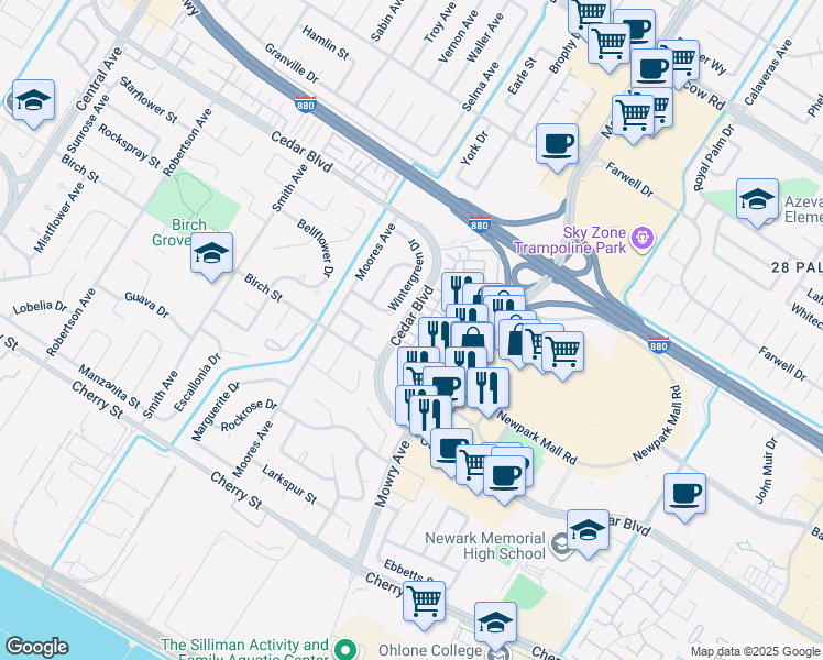 map of restaurants, bars, coffee shops, grocery stores, and more near 38870 Coneflower Place in Newark