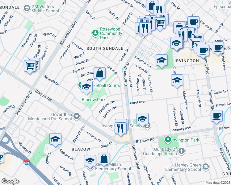 map of restaurants, bars, coffee shops, grocery stores, and more near 4619 Victoria Avenue in Fremont
