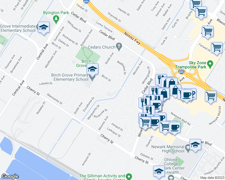 map of restaurants, bars, coffee shops, grocery stores, and more near 6024 Allium Place in Newark