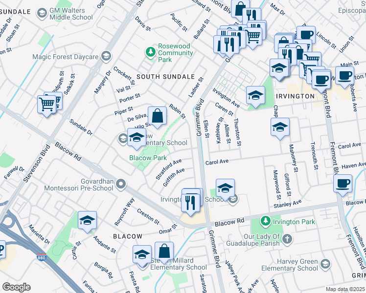 map of restaurants, bars, coffee shops, grocery stores, and more near 4619 Victoria Avenue in Fremont