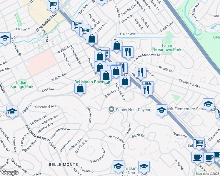 map of restaurants, bars, coffee shops, grocery stores, and more near 915 North Road in Belmont