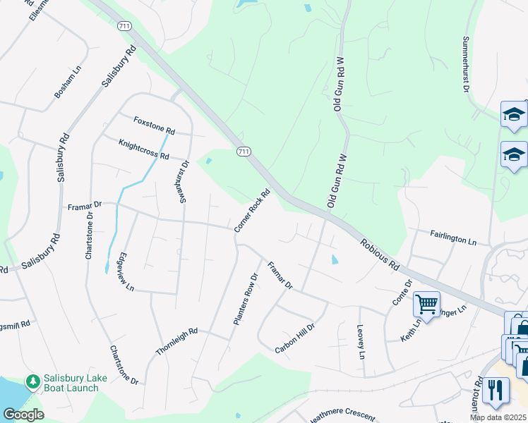 map of restaurants, bars, coffee shops, grocery stores, and more near 2601 Corner Rock Road in Midlothian