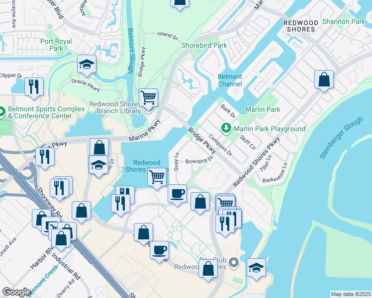 map of restaurants, bars, coffee shops, grocery stores, and more near 375 Quay Lane in Redwood City