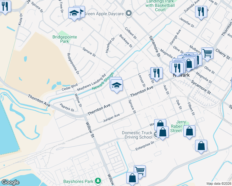 map of restaurants, bars, coffee shops, grocery stores, and more near 36901 Spruce Street in Newark