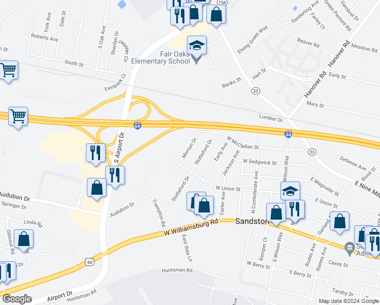map of restaurants, bars, coffee shops, grocery stores, and more near 208 Meroyn Drive in Sandston
