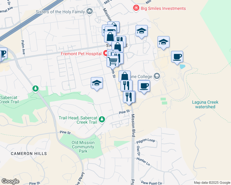 map of restaurants, bars, coffee shops, grocery stores, and more near 133 Mission Square Terrace in Fremont