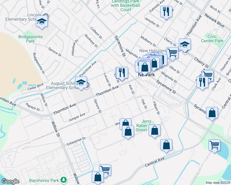 map of restaurants, bars, coffee shops, grocery stores, and more near 7767 Thornton Avenue in Newark