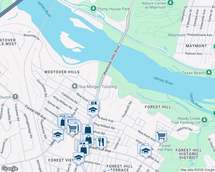 map of restaurants, bars, coffee shops, grocery stores, and more near 2023 Westover Hills Boulevard in Richmond