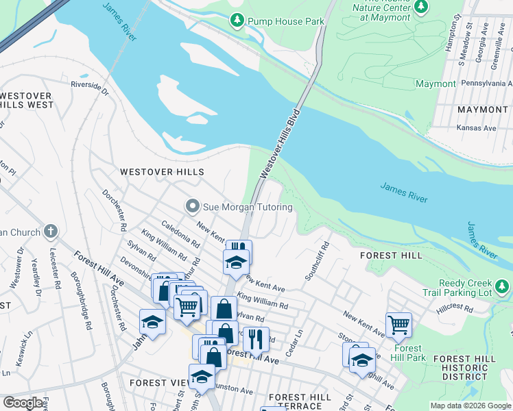 map of restaurants, bars, coffee shops, grocery stores, and more near 2023 Westover Hills Boulevard in Richmond