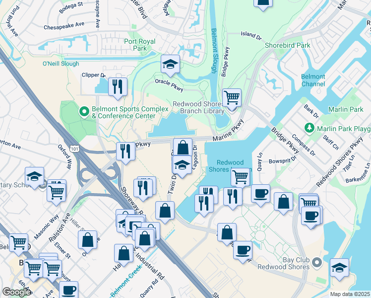 map of restaurants, bars, coffee shops, grocery stores, and more near 100 Marine Parkway in Redwood City