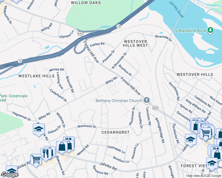 map of restaurants, bars, coffee shops, grocery stores, and more near 5533 Riverside Heights Way in Richmond