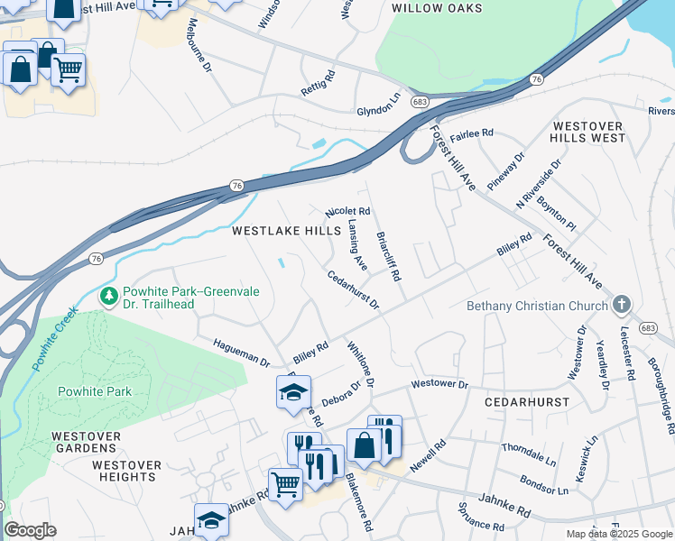 map of restaurants, bars, coffee shops, grocery stores, and more near 1925 Cedarhurst Drive in Richmond