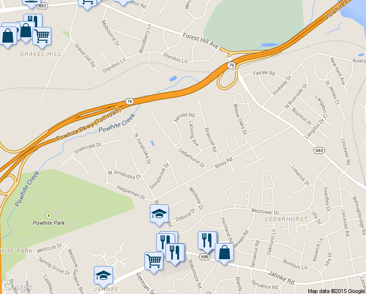 map of restaurants, bars, coffee shops, grocery stores, and more near 1925 Cedarhurst Drive in Richmond