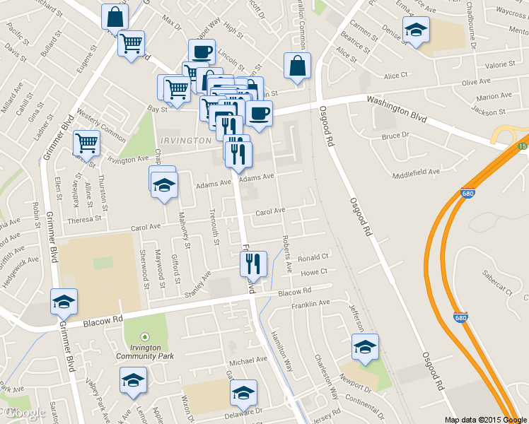 map of restaurants, bars, coffee shops, grocery stores, and more near 3980 Paul Terrace in Fremont