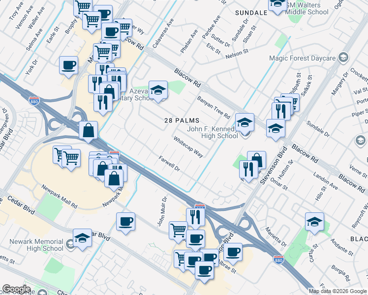 map of restaurants, bars, coffee shops, grocery stores, and more near 39641 Whitecap Way in Fremont