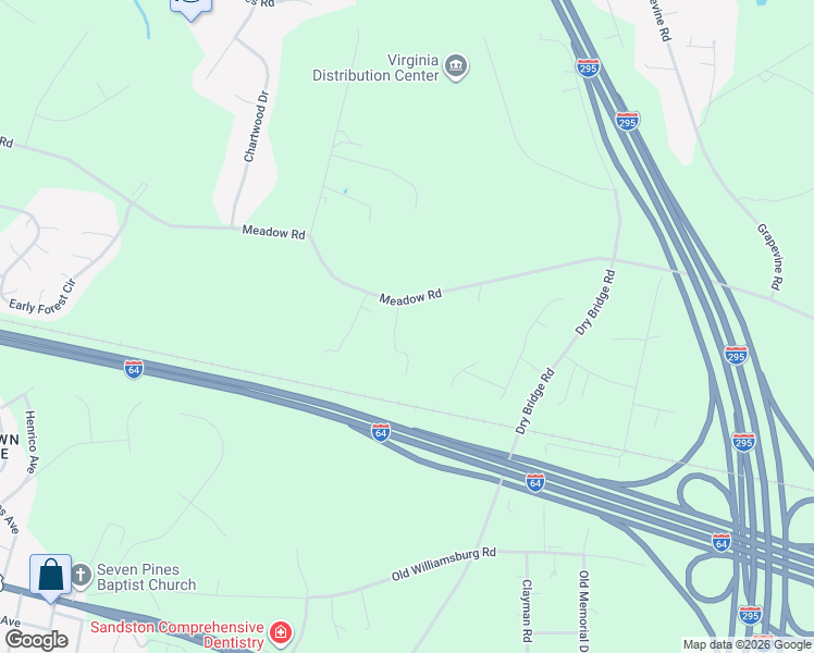 map of restaurants, bars, coffee shops, grocery stores, and more near 2241 Meadow Road in Sandston