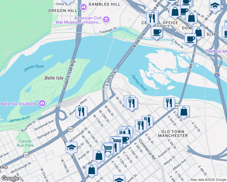 map of restaurants, bars, coffee shops, grocery stores, and more near 515 West 7th Street in Richmond