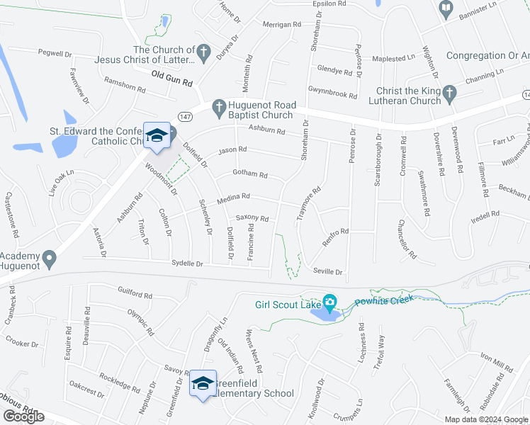 map of restaurants, bars, coffee shops, grocery stores, and more near 10408 Saxony Road in Richmond