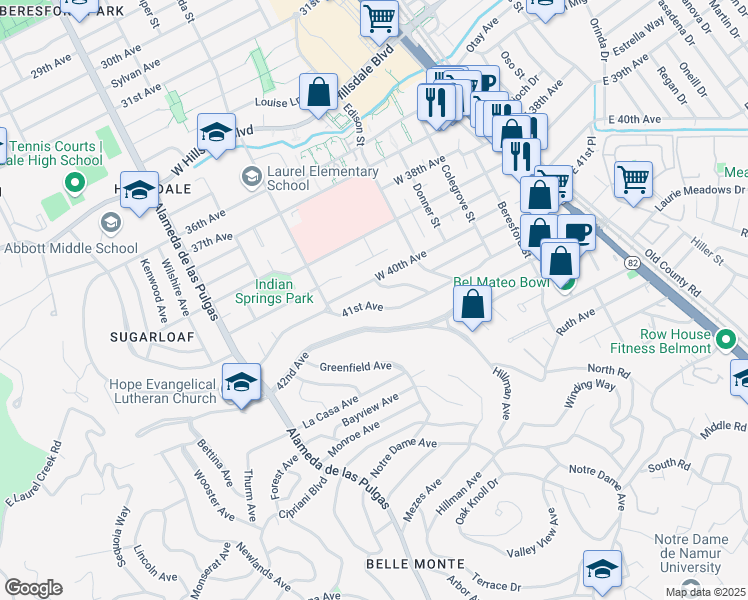 map of restaurants, bars, coffee shops, grocery stores, and more near 254 41st Avenue in San Mateo