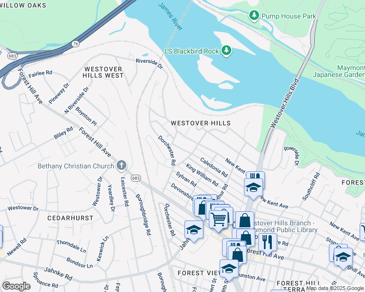 map of restaurants, bars, coffee shops, grocery stores, and more near 5309 Caledonia Road in Richmond