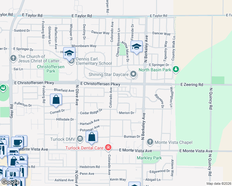 map of restaurants, bars, coffee shops, grocery stores, and more near 1280 Harvest Drive in Turlock