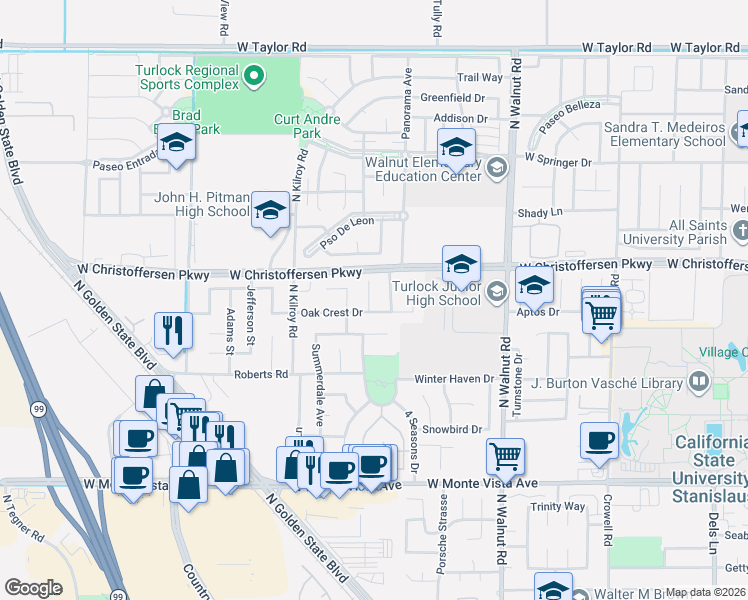 map of restaurants, bars, coffee shops, grocery stores, and more near 3935 Oakview Court in Turlock