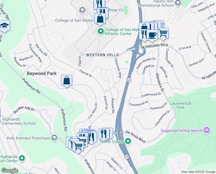 map of restaurants, bars, coffee shops, grocery stores, and more near 2 Havenridge Court in San Mateo