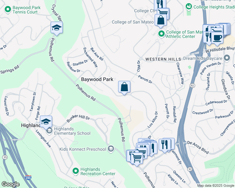 map of restaurants, bars, coffee shops, grocery stores, and more near 1548 Ascension Drive in San Mateo